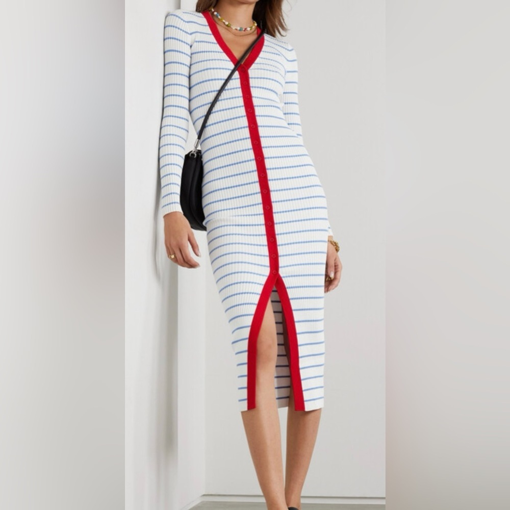 STAUD Asymmetrical White and Blue Wrap Midi Dress